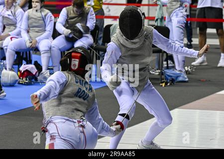 Cracovie, Pologne. 25th juin 2023. L'athlète d'escrime Delphine Groslambert en action lors de la compétition d'escrime aux Jeux européens de Cracovie, en Pologne, le dimanche 25 juin 2023. Les Jeux européens de 3rd, officieusement connus sous le nom de Cracovie-Malopolska 2023, sont des manifestations sportives internationales prévues du 21 juin au 02 juillet 2023 à Cracovie et à Malopolska, en Pologne. BELGA PHOTO TEAM BELGIQUE crédit: Belga News Agency/Alay Live News Banque D'Images