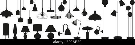 Silhouettes noir de lampe. Accessoires d'éclairage pour la maison, lampadaires modernes et décoratifs pour le travail et la décoration. Lumières éléments vecteur clipart Illustration de Vecteur