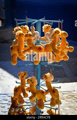 Un présentoir de chameaux d'animaux en peluche suspendus monogramé 'Morocco' dans une boutique de souvenirs dans les rues de Chefchaouen, au Maroc Banque D'Images