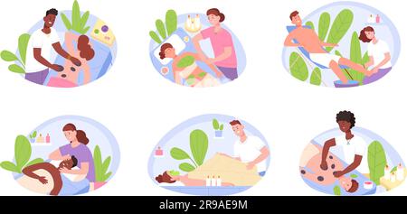 Salon de massage. Couples caricature femme et homme se détendre sur le massage de physiothérapie ou spa bien-être beauté procédures, dos cou traitement enveloppements de corps, illustration vectorielle de spa de salon pour femme Illustration de Vecteur