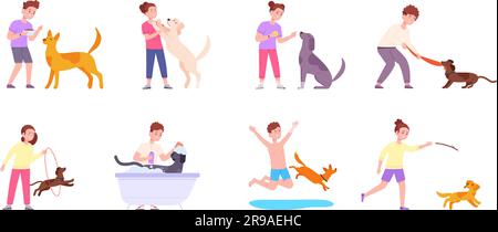 Enfants jouant avec des chiots. Dessin animé enfants propriétaire de chien mignon, garçon et fille jouer la nourriture de balle marcher ou enseigner à lécher des animaux enfants soins de chiot animaux splendide illustration vectorielle de propriétaire avec le chiot et le chien Illustration de Vecteur