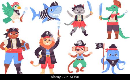 Personnages de pirates animaux. Drôle de dessins animés animaux en costumes de pirates, puérile brave capitaine de mer de voilier, la faune de la piratine bébé marin singe, illustration ingénieuse de vecteur de pirate drôle animal Illustration de Vecteur