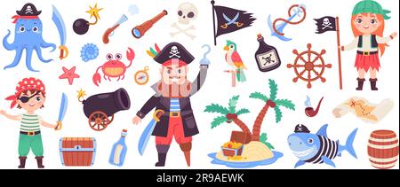 Ensemble de pirate pour enfants. Dessin animé mignon enfant pirates costume de carnaval, enfant marin capitaine personnage mer aventure Trésor île coffre perroquet pirats oiseau, illustration ingénieuse de vecteur de capitaine de pirate Illustration de Vecteur