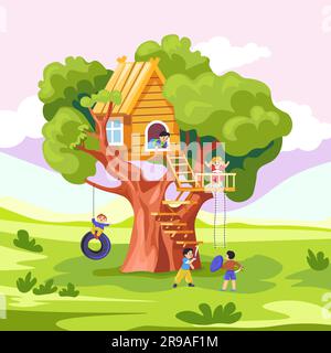 Enfants jouant dans un arbre. Enfants maison en bois jardin arbres avec balançoire de pneu, les enfants grimpent à treehouse jouant au jeu dans la forêt ou la jungle nature aire de jeux, illustration récente de vecteur de la maison sur arbre Illustration de Vecteur