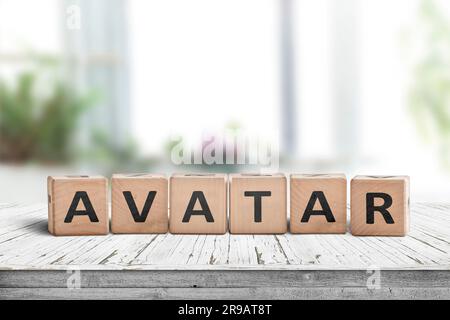 Avatar mot sur un panneau en bois faite de blocs dans un salon lumineux avec des plantes vertes Banque D'Images