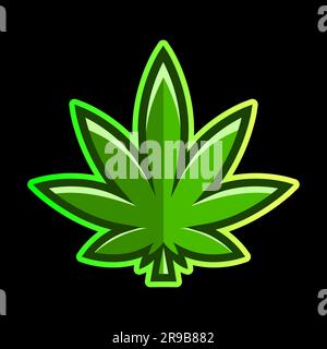 Logo de cannabis médical avec fond de mur de brique sombre et néon brillant à la feuille de marijuana vert clair - Illustration de Vecteur