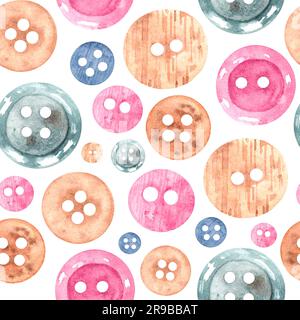 Motif de bouton sur fond blanc. Arrière-plan de grands boutons de couture dessinés à la main en aquarelle pour la conception de textiles, tissus, logos, carte postale Banque D'Images