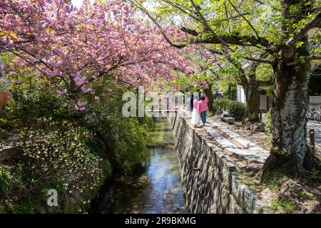 Deux femmes sur le chemin des philosophes à Kyoto pendant le printemps hanami de cerisier fleuri 2023,Japon,Asie Banque D'Images