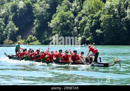 Eglisau, Suisse. 25th juin 2023. Une équipe participe à la course de bateaux-dragons d'Eglisau en 31st à Eglisau, en Suisse, au 25 juin 2023. La course de bateaux-dragons d'Eglisau 31st s'est déroulée sur le Rhin dans la ville suisse d'Eglisau pendant le week-end de 24-25 juin. Au total, 80 équipes, avec plus de 1 680 personnes, ont participé à la course. L'événement de deux jours a également vu 3 000 autres personnes encourager les participants. Credit: Lian Yi/Xinhua/Alay Live News Banque D'Images
