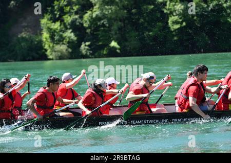 Eglisau, Suisse. 25th juin 2023. Une équipe participe à la course de bateaux-dragons d'Eglisau en 31st à Eglisau, en Suisse, au 25 juin 2023. La course de bateaux-dragons d'Eglisau 31st s'est déroulée sur le Rhin dans la ville suisse d'Eglisau pendant le week-end de 24-25 juin. Au total, 80 équipes, avec plus de 1 680 personnes, ont participé à la course. L'événement de deux jours a également vu 3 000 autres personnes encourager les participants. Credit: Lian Yi/Xinhua/Alay Live News Banque D'Images