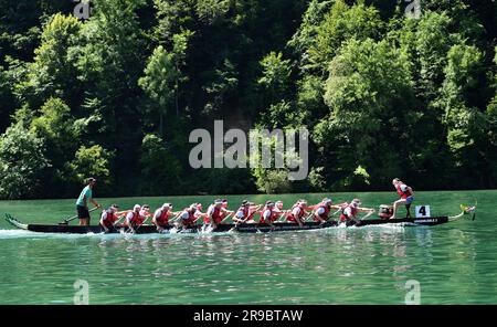 Eglisau, Suisse. 25th juin 2023. Les participants participent à la course de bateaux-dragons d'Eglisau 31st à Eglisau, en Suisse, au 25 juin 2023. La course de bateaux-dragons d'Eglisau 31st s'est déroulée sur le Rhin dans la ville suisse d'Eglisau pendant le week-end de 24-25 juin. Au total, 80 équipes, avec plus de 1 680 personnes, ont participé à la course. L'événement de deux jours a également vu 3 000 autres personnes encourager les participants. Credit: Lian Yi/Xinhua/Alay Live News Banque D'Images