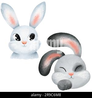 Set aquarelle lapin et lapin. Lapins et lapins dessinés à la main de différentes couleurs. élément d'illustration lièvre. Personnages mignons pour pâques, Noël Banque D'Images