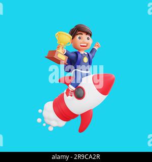 3D adorable champion de personnage Obtenez le trophée et la médaille volant sur une fusée Retour à l'école concept Banque D'Images