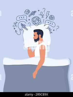 Le jeune homme est au lit et souffre d'insomnie, de dépression, de problèmes non résolus. Homme entouré par un flot de pensées anxieux. Santé mentale, vie cr Illustration de Vecteur