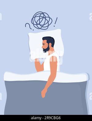 Le jeune homme est au lit et souffre d'insomnie, de dépression, de problèmes non résolus. Homme entouré par un flot de pensées anxieux. Santé mentale, vie cr Illustration de Vecteur