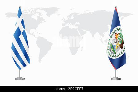 Drapeaux de la Grèce et du Belize pour une réunion officielle sur fond de carte du monde. Illustration de Vecteur