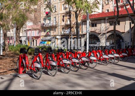 Barcelone, Espagne - 10 FÉVRIER 2022 : vélos électriques de BICING garés à la station de charge de Barcelone, avec le soutien de l'application Smou. Banque D'Images