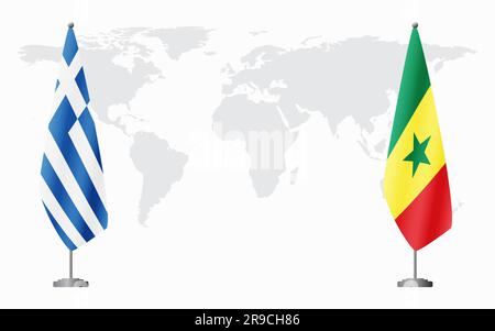 Drapeaux de la Grèce et du Sénégal pour une réunion officielle sur fond de carte du monde. Illustration de Vecteur