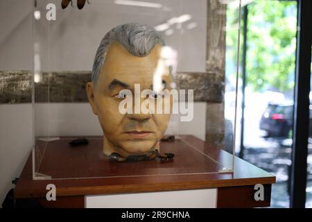 Chef artificiel de Sergei Shoigu (homme d'État soviétique et russe, militaire russe). Ministre de la défense de la Fédération de Russie depuis 6 novembre 2012. Général de l'armée. Héros de la Fédération de Russie) entouré de cafards malgaches est vu à l'exposition 'Heads' à Uspenskaya 60. Exposition-performance 'Heads' par Anton Tkachenko ouvert à Uspenskaya 60. Les visiteurs pourraient regarder les têtes artificielles des médias les gens de la Fédération de Russie, entourés de cafards de Madagascar, prendre part à une performance - verser la terre dans le cercueil avec Vladimir Poutine. Le but est pour le visito Banque D'Images