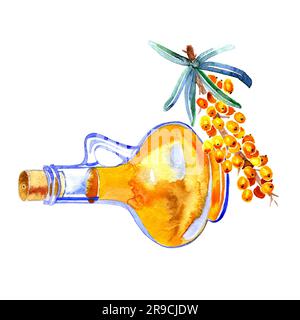 Huile d'argousier dans une carafe en verre avec illustration des branches de baies et d'arbres. Huile végétale naturelle naturelle naturelle jaune biologique image aquarelle réaliste. Verre Banque D'Images