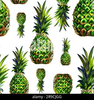 Aquarelle été vert ananas motif sur fond blanc. Fond de fruit de printemps. Banque D'Images