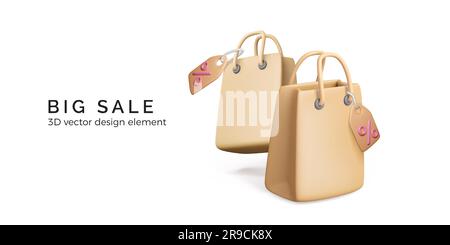 Méga offre de vente. Bannière de promotion de remise. 3D sacs à provisions avec étiquettes de prix. Conception des emballages en papier avec une affiche de pourcentage sur l'étiquette. Illustration vectorielle Illustration de Vecteur