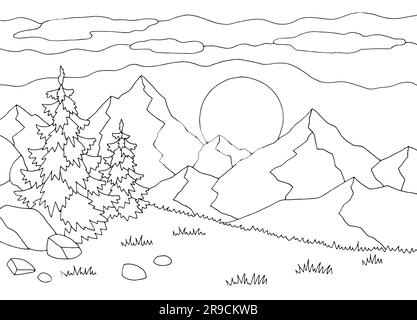 Coucher de soleil dans les montagnes graphique noir blanc paysage dessin vecteur d'illustration Illustration de Vecteur