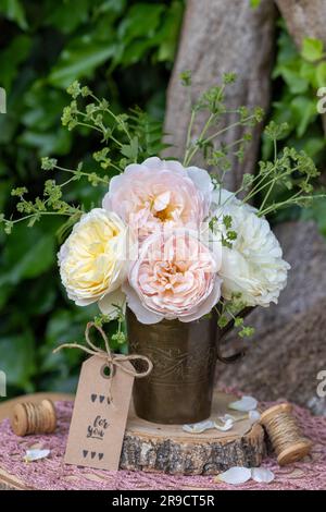 bouquet de roses anglaises dans une vieille tasse de cuivre dans le jardin Banque D'Images