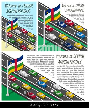 Drapeau isométrique de la République centrafricaine sur le flageling des mâts dans le vent. Franchissement de la frontière avec le pays DE LA VOITURE par les voyages en voiture. Ensemble d'informations horizonta Illustration de Vecteur