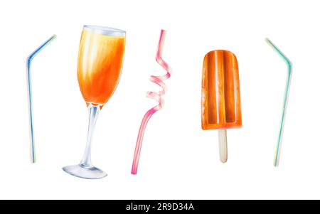 Ensemble aquarelle d'illustrations de pailles pour cocktail, gobelet en verre avec cocktail d'orange et crème glacée isolé sur fond blanc. Peint à la main Banque D'Images