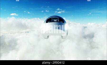 Train de passagers volant dans les nuages. Utopia. concept de l'avenir. Vue aérienne fantastique. 3d rendu. Banque D'Images