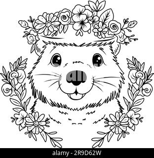 Page de coloriage de jour de marmotte. Page de coloriage muzzle d'une marmotte mignonne avec des fleurs Illustration de Vecteur