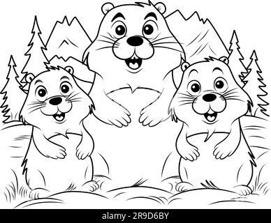 Page de coloriage de jour de marmotte. Livre de coloriage famille de castors sur le fond de la nature Illustration de Vecteur