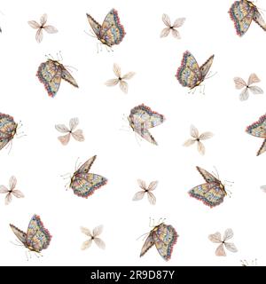 Papillons aquarelles et petites fleurs beiges motif sans couture sur fond blanc pour les textiles d'été et d'automne Banque D'Images