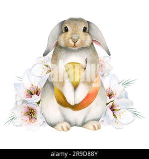 Lapin aquarelle avec fruit de pomme et fleurs blanches roses illustration isolée sur fond blanc Banque D'Images