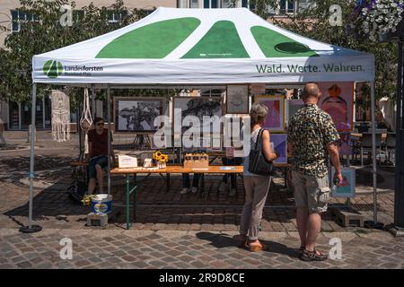 Landau, Allemagne. 25th juin 2023. Stand avec art macrame et croquis. L'événement de la Journée du développement durable a lieu huit fois. L'accent est mis sur la consommation, la mobilité, le mode de vie et la nutrition dans les différentes cabines. Les organisateurs espèrent inciter les visiteurs à repenser leurs habitudes et à changer de mode de vie. Credit: Gustav Zygmund/Alamy News Banque D'Images