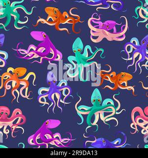 Dessin animé Octopus sans couture. Animaux sous-marins colorés, tentacules avec ventouses, nombreux mollusques à pattes. Textile de décoration, papier d'emballage Illustration de Vecteur