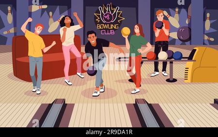 Les gens de bande dessinée dans le club de bowling. Amis frapper des épingles avec des balles, personnages de joueurs sur la ruelle, jeu de sport de groupe, hommes et femmes temps de loisirs dans Illustration de Vecteur