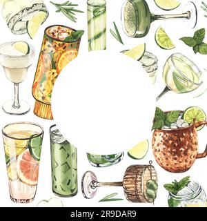 Cadre aquarelle, verres à cocktail : martini, gin, margarita, mojito, liqueur, rhum, mule de moscou. Illustration dessinée à la main isolée sur fond blanc Banque D'Images