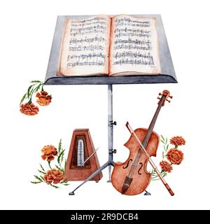 Élément de musique classique avec violon, support de musique et métronome décoré de fleurs. Illustration aquarelle sur fond blanc. Banque D'Images