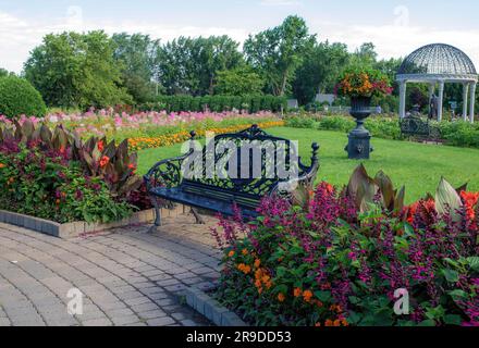 Beau jardin frontalier avec des marigolds, salvia, lillies de canna, clef avec un banc pour se détendre; mémorial aux bienfaiteurs des jardins de Clemens. Banque D'Images