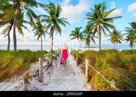 Smathers Beach, Sunrise magnifiquement encadré par Palm Trees Key West, Floride, États-Unis Banque D'Images