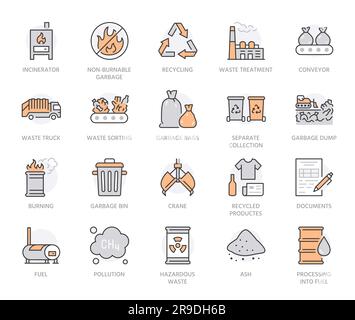 Jeu d'icônes de recyclage des déchets plats. Sac poubelle, camion, usine d'incinérateur, conteneur, poubelle, illustration du vecteur de vidage de déchets. Décrivez les signes de déchets Illustration de Vecteur
