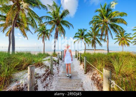 Smathers Beach, Sunrise magnifiquement encadré par Palm Trees Key West, Floride, États-Unis Banque D'Images