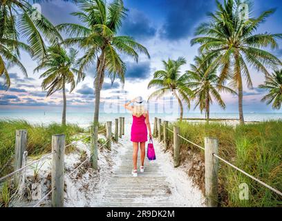 Smathers Beach, Sunrise magnifiquement encadré par Palm Trees Key West, Floride, États-Unis Banque D'Images