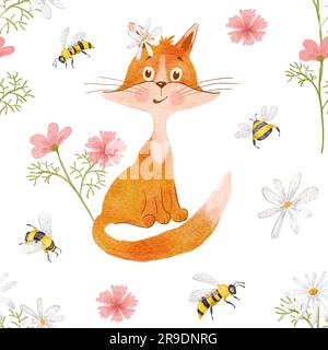 Renard roux et abeille. Motif sans couture avec Sly, renard joyeux en fleurs et en abeilles. Aquarelle enjoué Fox dans la forêt. Illustration pour enfants. Banque D'Images