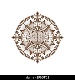 Vintage médiéval antique vent rose boussole avec flèches sur l'étoile, vecteur ancien symbole de navigation. Carte marine rétro, ancienne cartographie et navigation à voile symbole de la boussole de rosier dans l'éclosion de bois Illustration de Vecteur