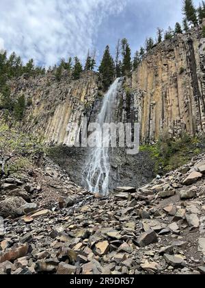 Cette superbe image illustre la beauté de la nature avec une vue sur une cascade majestueuse qui s'élève au-dessus de rochers rocheux et de luxuriants arbres verts Banque D'Images