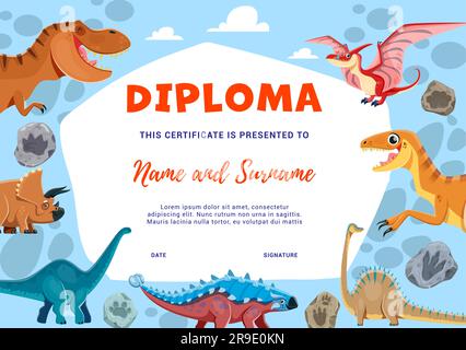 Diplôme pour enfants, personnages de dinosaures de dessins animés et empreintes de pierres fossiles. Certificat d'école de paléontologie ou de maternelle. Modèle de cadre Vector Award avec animaux dino préhistoriques amusants Illustration de Vecteur