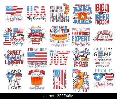 4th de juillet typographie dessins ensemble avec des citations et des éléments - hot dog, drapeaux. US Independence Day. Quatrième de juillet calligraphie, lettrage comp Illustration de Vecteur
